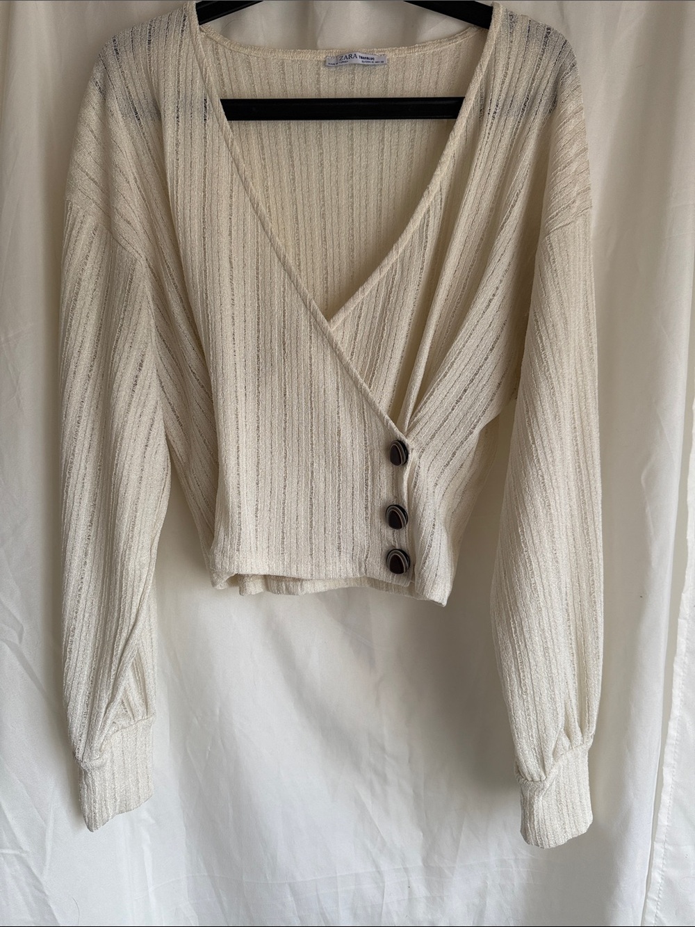 Zara Cream Ribbed Knit Wrap Top with Button Accents